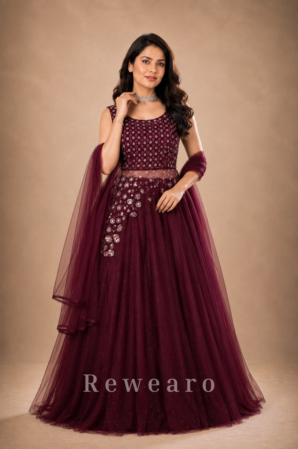 Wine Embellished Net Evening Gown with Cape Sleeves