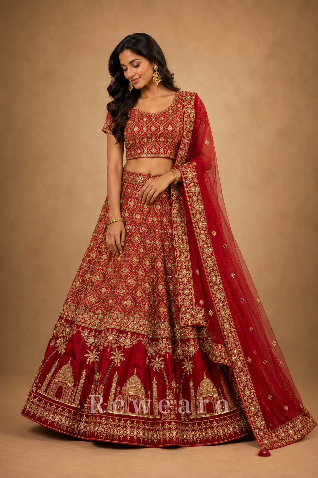 Crimson Heritage Bridal Lehenga Set with Mughal Monument Embroidery and Regal Zari Work