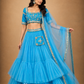 Azure Blue Tiered Lehenga with Embroidered Blouse & Sheer Dupatta