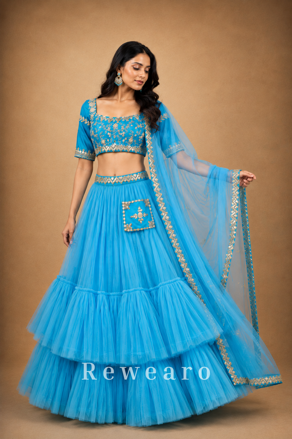 Azure Blue Tiered Lehenga with Embroidered Blouse & Sheer Dupatta