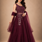 Wine Embellished Net Evening Gown with Cape Sleeves