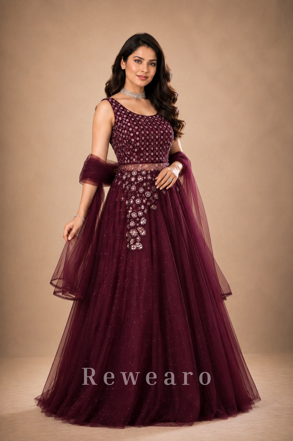 Wine Embellished Net Evening Gown with Cape Sleeves