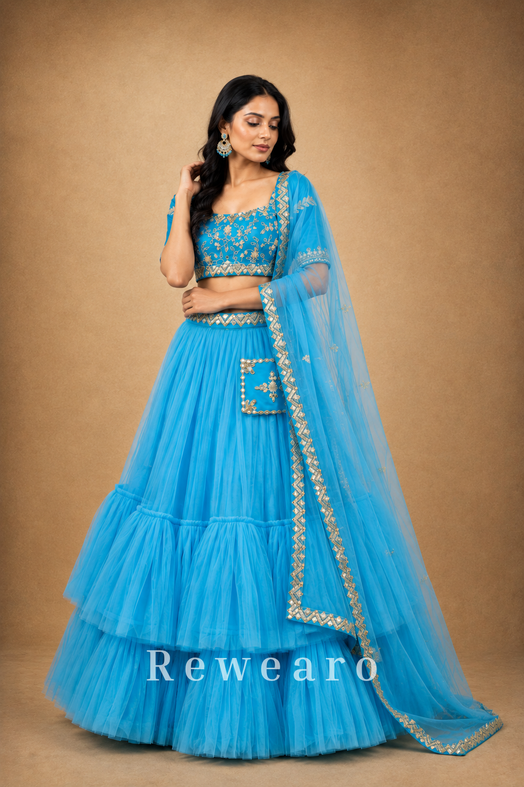 Azure Blue Tiered Lehenga with Embroidered Blouse & Sheer Dupatta