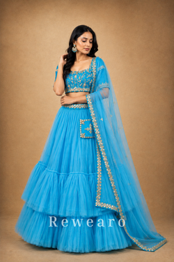 Azure Blue Tiered Lehenga with Embroidered Blouse & Sheer Dupatta - View 4