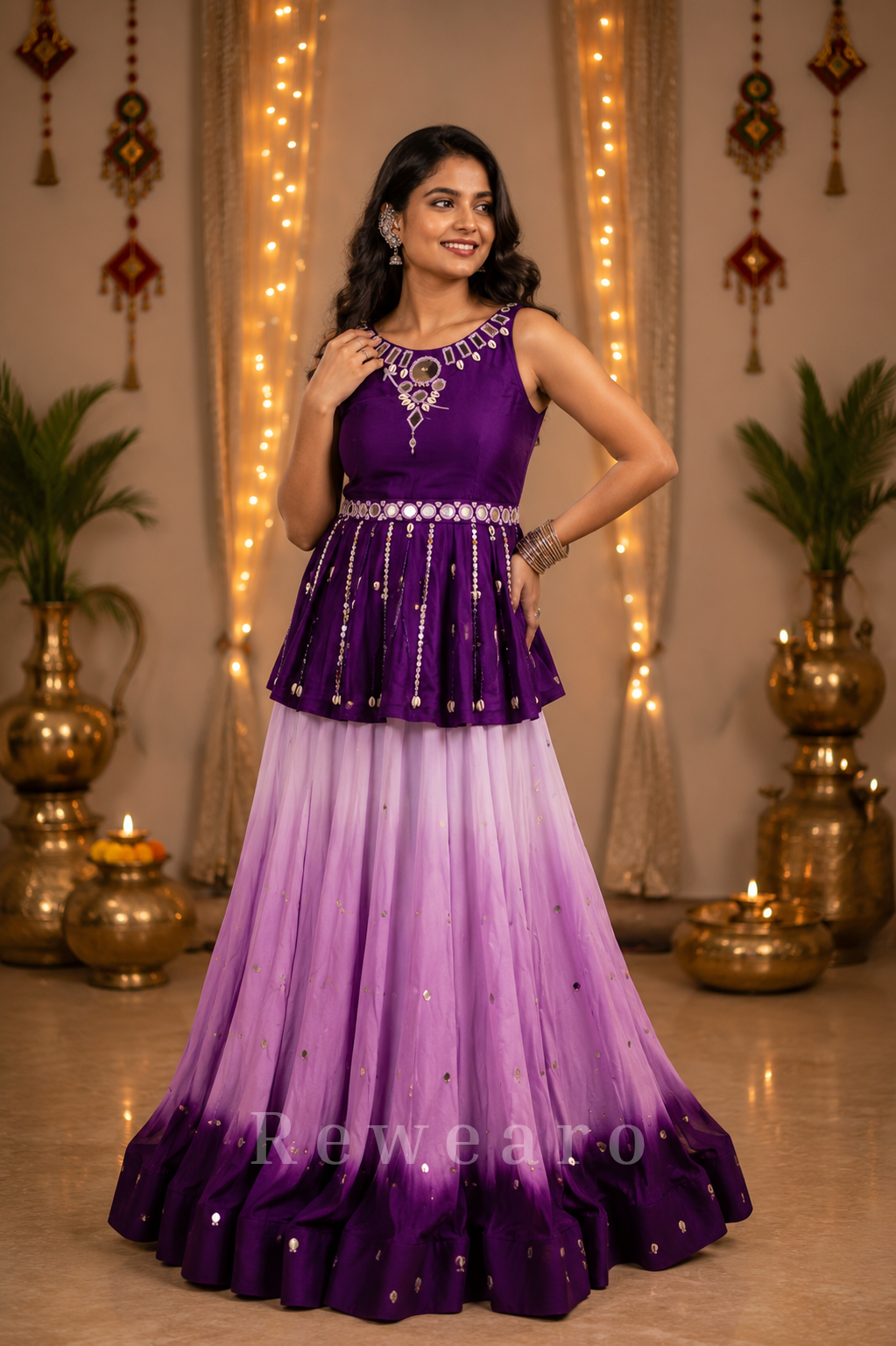 Royal Purple Peplum Choli with Lilac Ombre Flared Skirt & Mirror-Embellished Detailing
