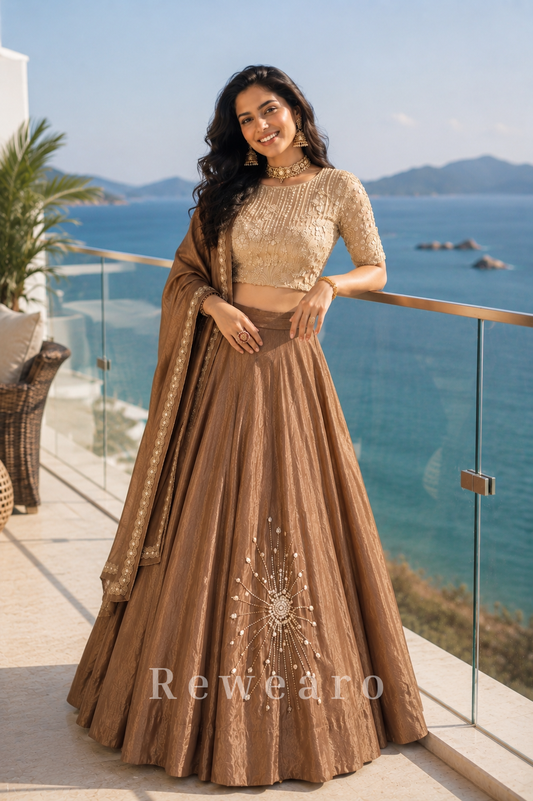 Mocha Embroidered Lehenga Set with Pearl Detailed Blouse