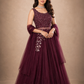 Wine Embellished Net Evening Gown with Cape Sleeves