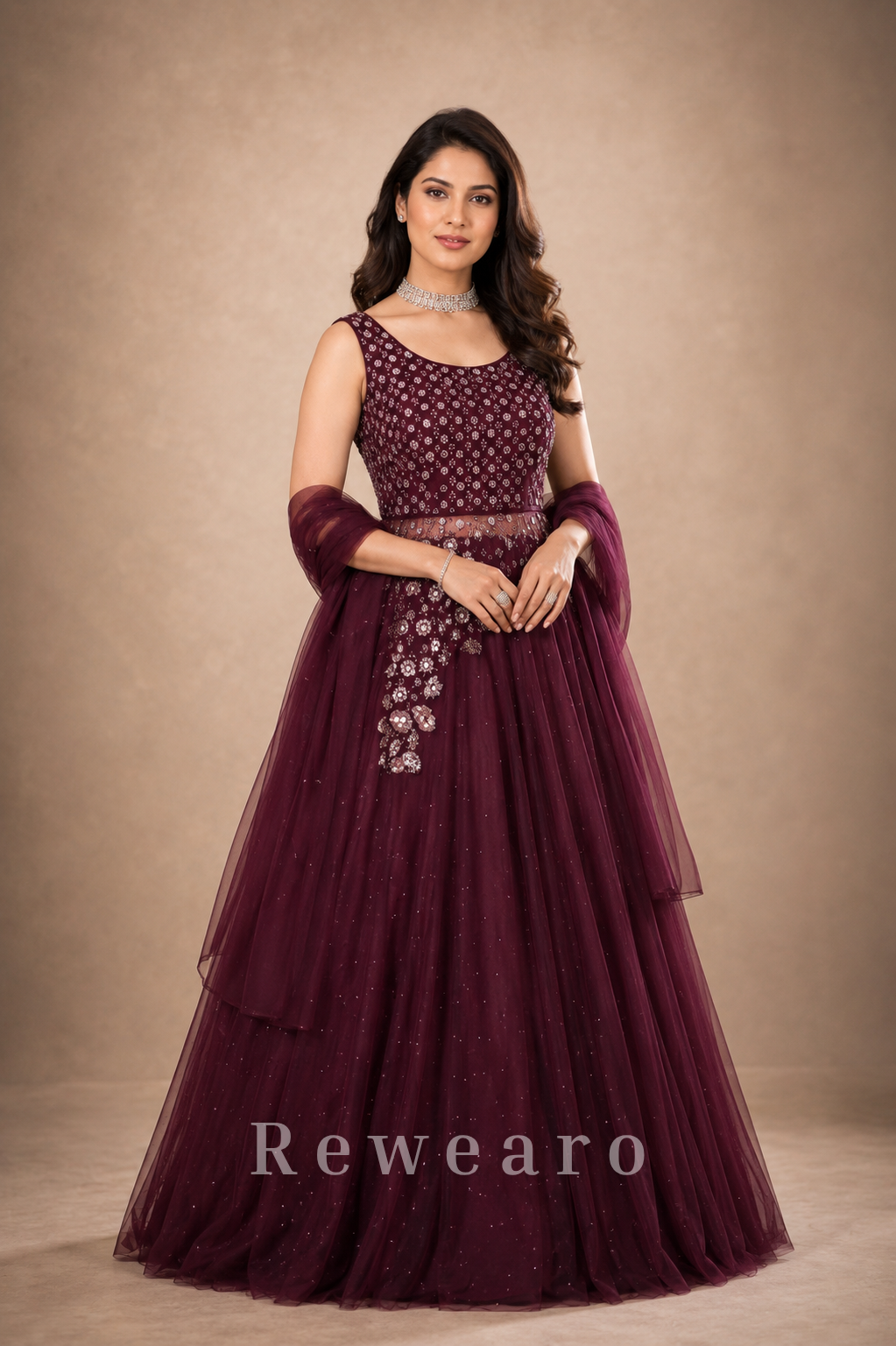 Wine Embellished Net Evening Gown with Cape Sleeves