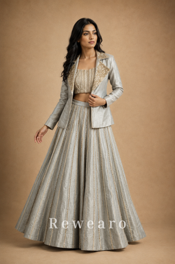 Silver-Grey Embroidered Crop Top with Structured Jacket & Flared Lehenga