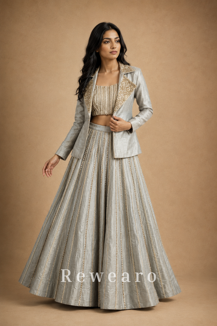 Silver-Grey Embroidered Crop Top with Structured Jacket & Flared Lehenga