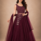 Wine Embellished Net Evening Gown with Cape Sleeves