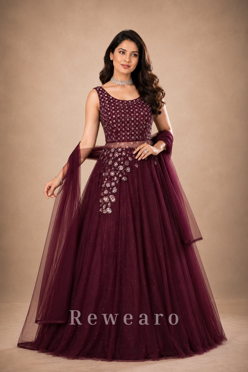 Wine Embellished Net Evening Gown with Cape Sleeves