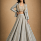 Silver-Grey Embroidered Crop Top with Structured Jacket & Flared Lehenga