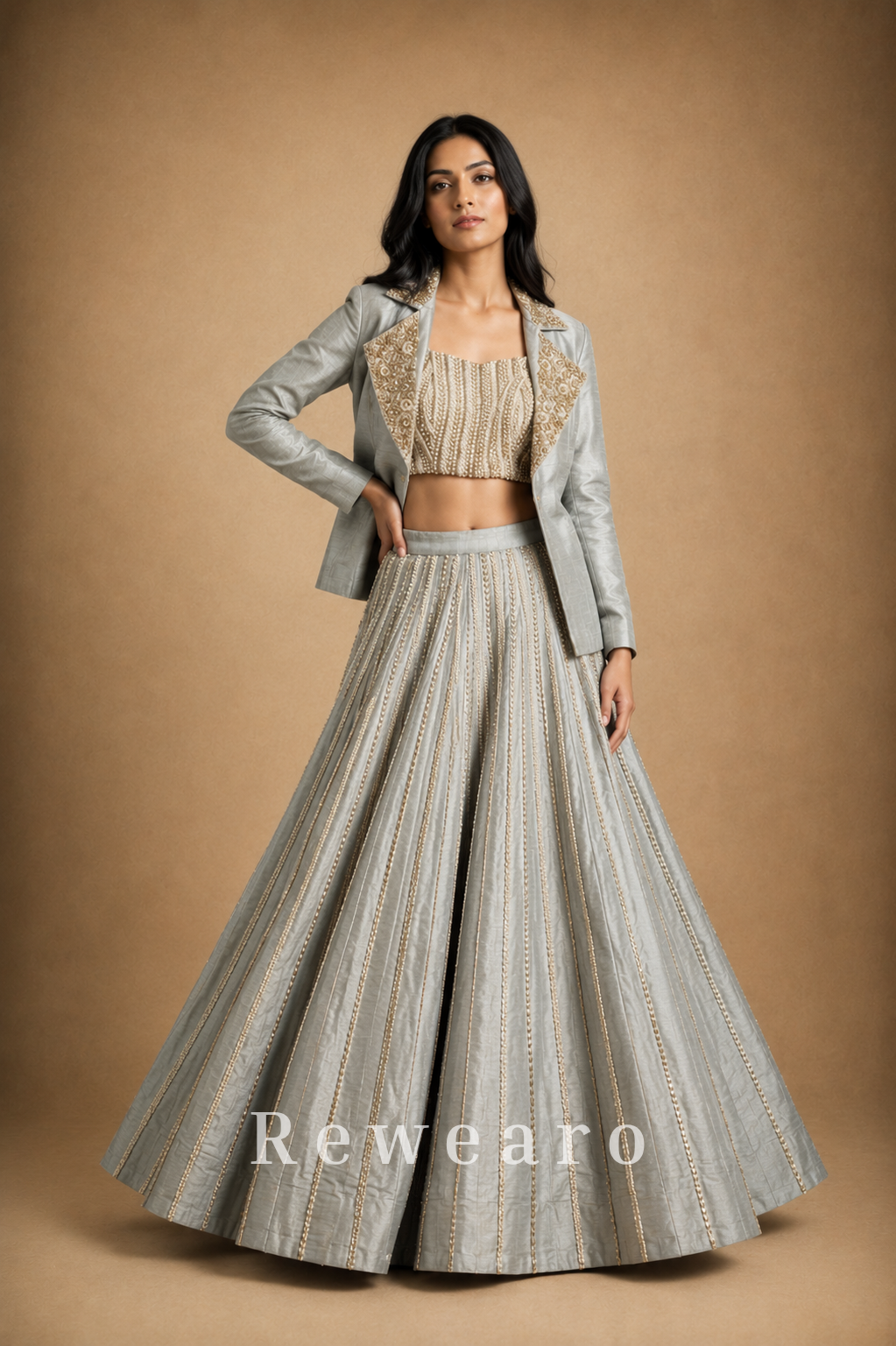 Silver-Grey Embroidered Crop Top with Structured Jacket & Flared Lehenga
