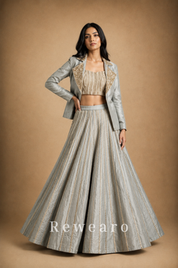 Silver-Grey Embroidered Crop Top with Structured Jacket & Flared Lehenga - View 2