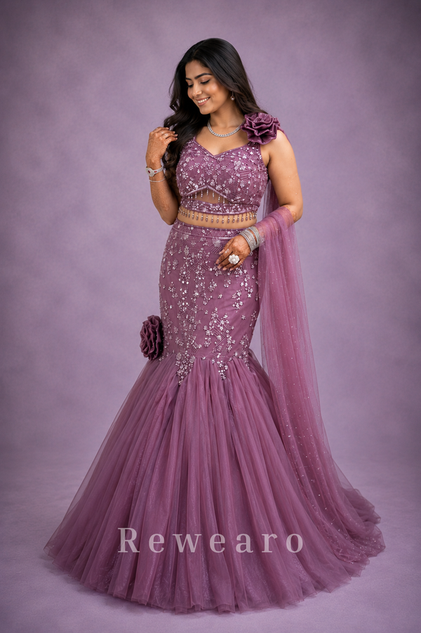 Mauve Embellished Mermaid Lehenga with Floral Drape Dupatta