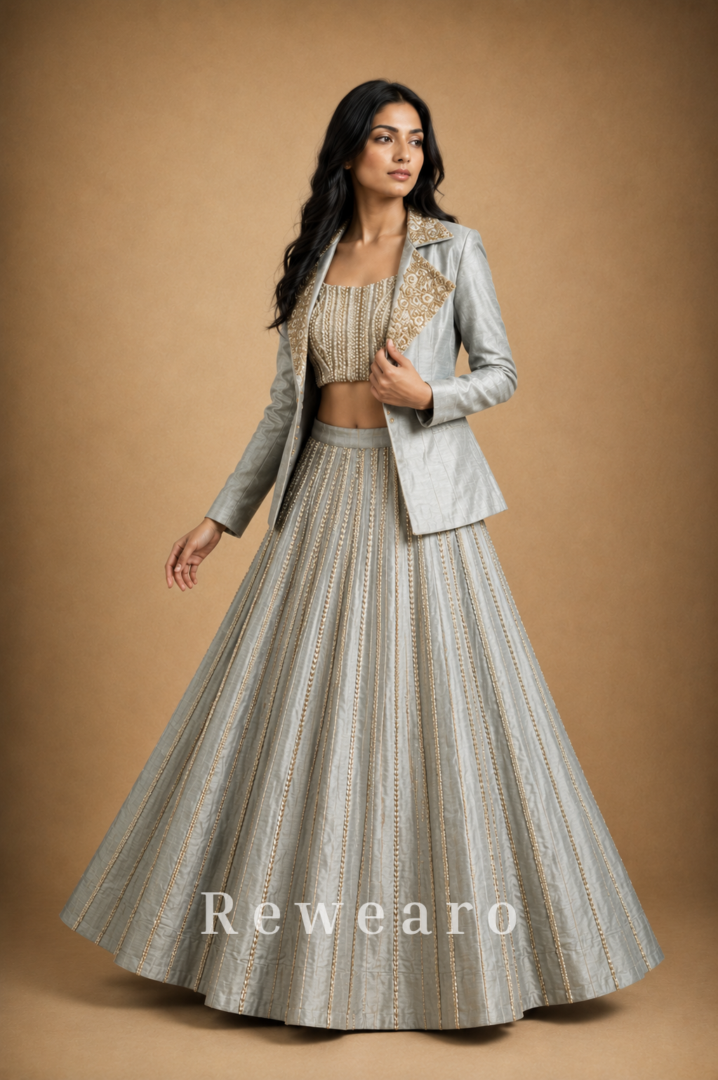 Silver-Grey Embroidered Crop Top with Structured Jacket & Flared Lehenga