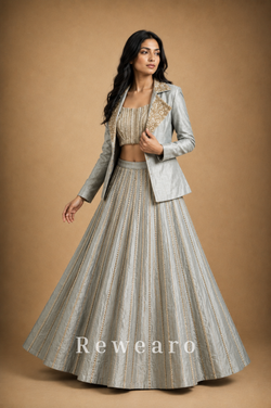 Silver-Grey Embroidered Crop Top with Structured Jacket & Flared Lehenga - View 3