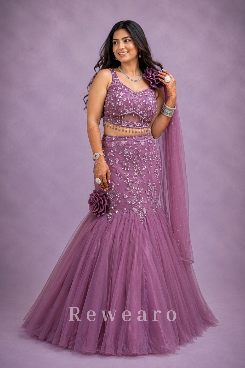 Mauve Embellished Mermaid Lehenga with Floral Drape Dupatta