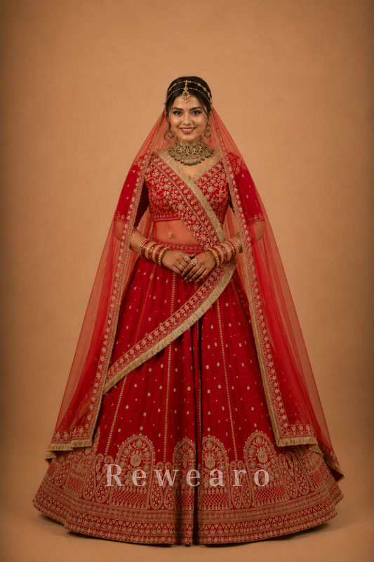 Royal Crimson Bridal Lehenga Set with Intricate Heritage Embroidery and Regal Dupatta