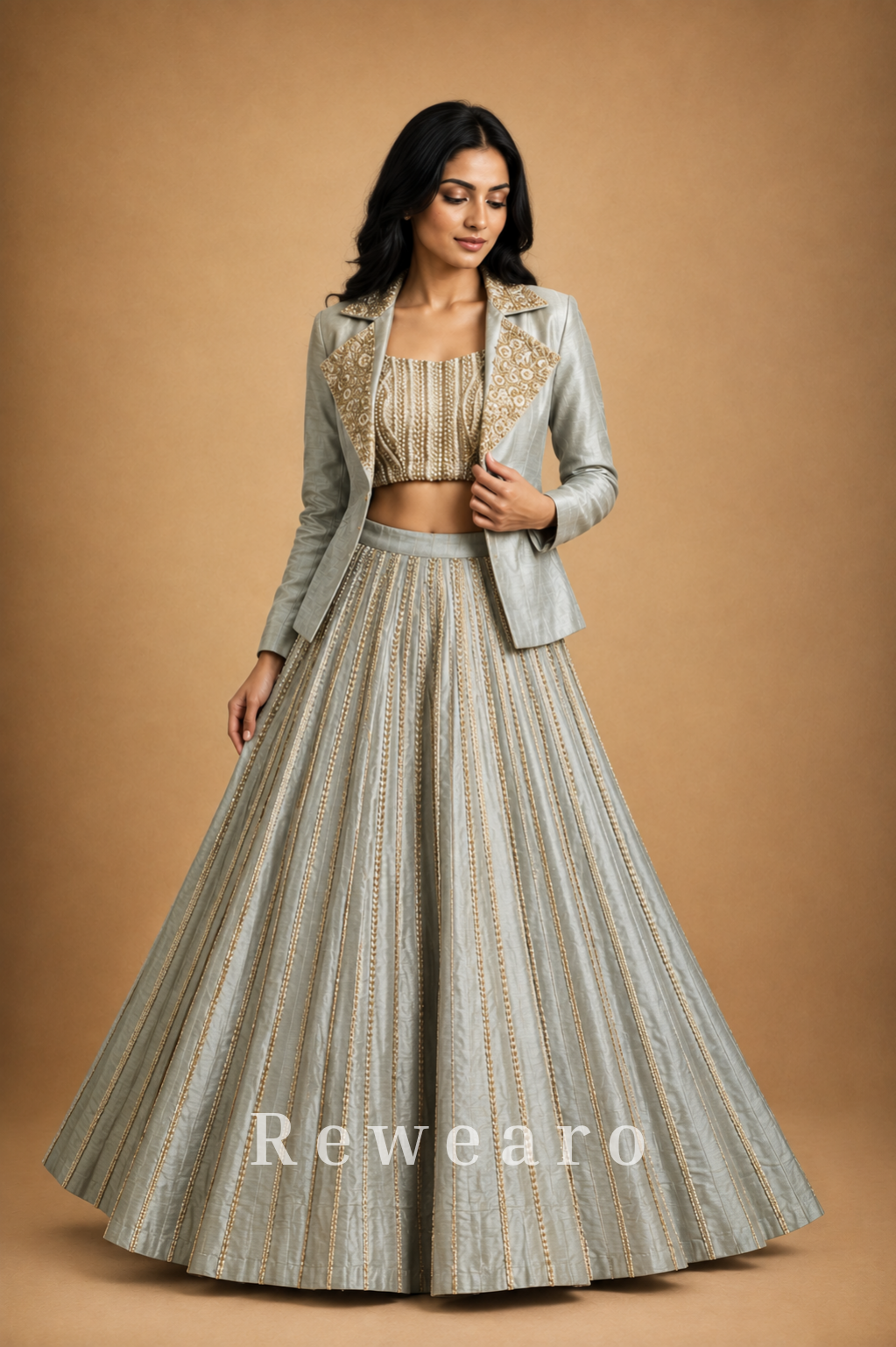 Silver-Grey Embroidered Crop Top with Structured Jacket & Flared Lehenga