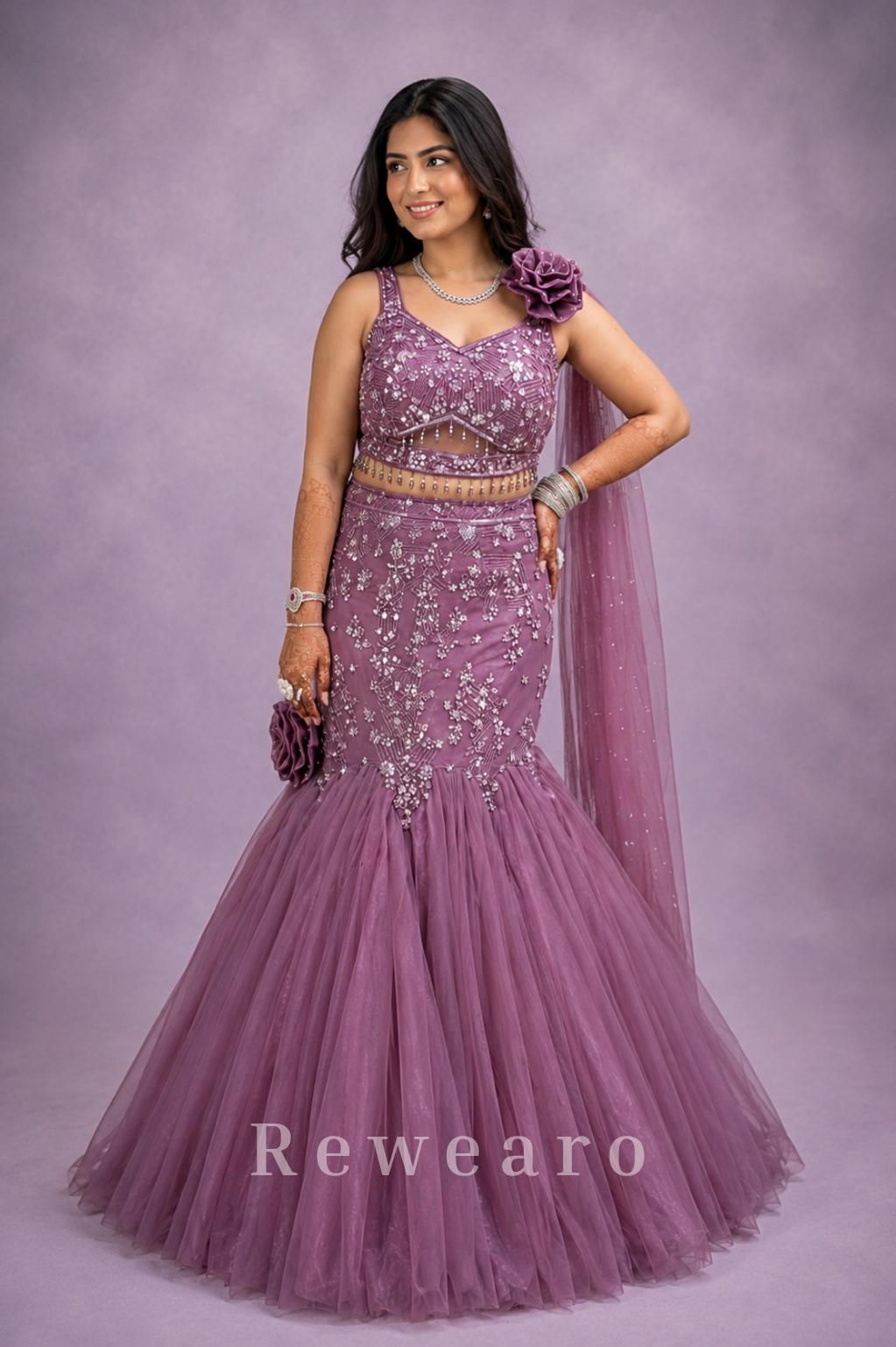 Mauve Embellished Mermaid Lehenga with Floral Drape Dupatta