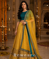 Teal Embroidered Blouse with Mustard Gold Lehenga & Sheer Dupatta