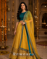 Teal Embroidered Blouse with Mustard Gold Lehenga & Sheer Dupatta