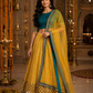 Teal Embroidered Blouse with Mustard Gold Lehenga & Sheer Dupatta
