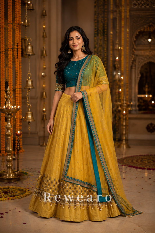 Teal Embroidered Blouse with Mustard Gold Lehenga & Sheer Dupatta