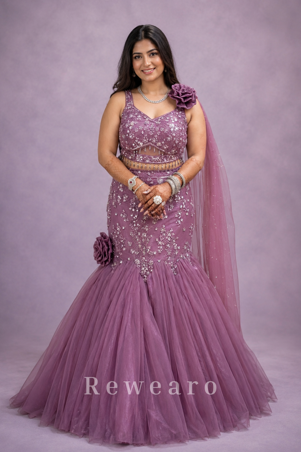 Mauve Embellished Mermaid Lehenga with Floral Drape Dupatta