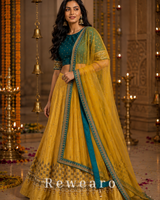 Teal Embroidered Blouse with Mustard Gold Lehenga & Sheer Dupatta