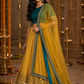 Teal Embroidered Blouse with Mustard Gold Lehenga & Sheer Dupatta