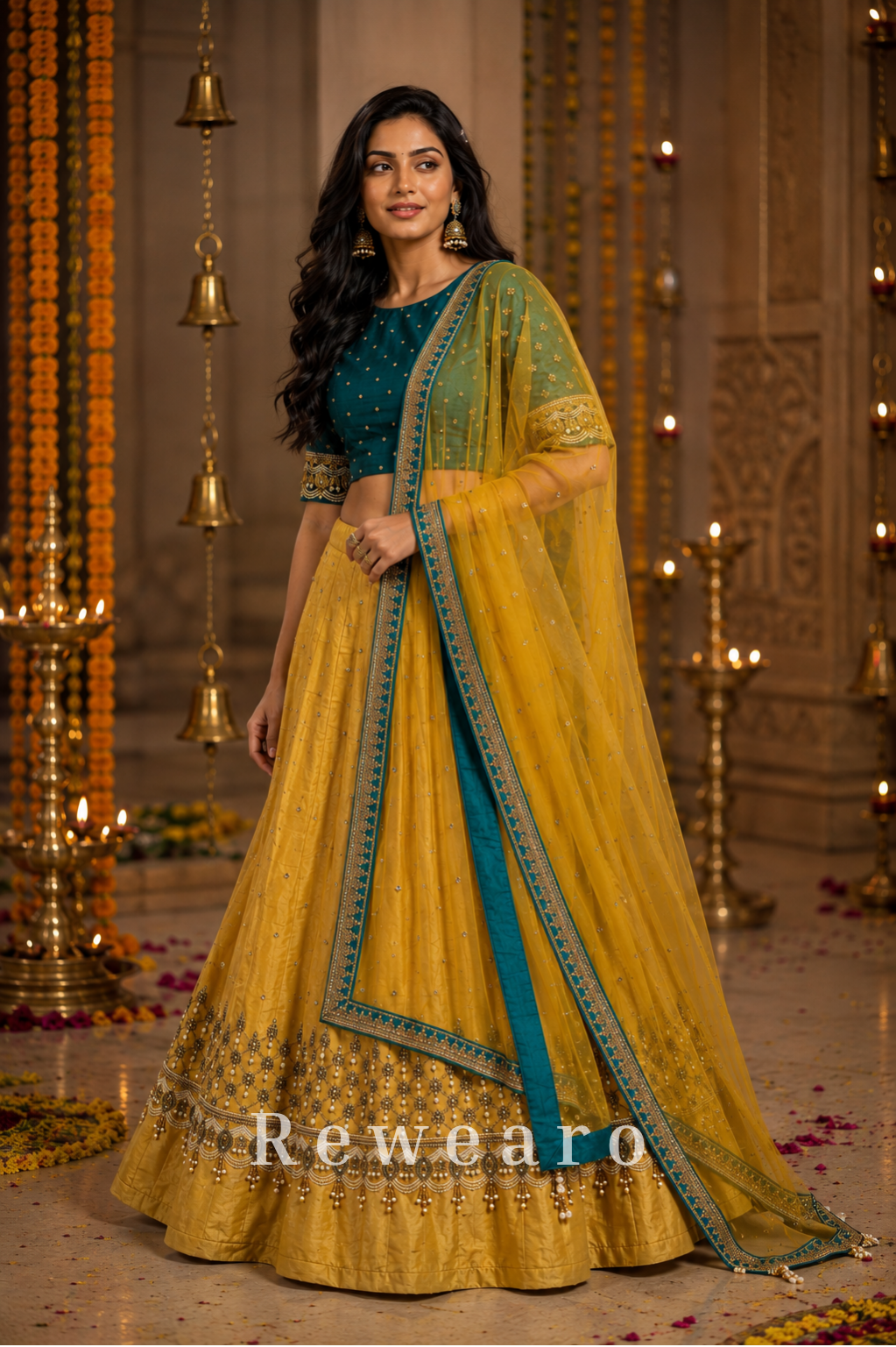Teal Embroidered Blouse with Mustard Gold Lehenga & Sheer Dupatta
