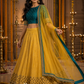 Teal Embroidered Blouse with Mustard Gold Lehenga & Sheer Dupatta