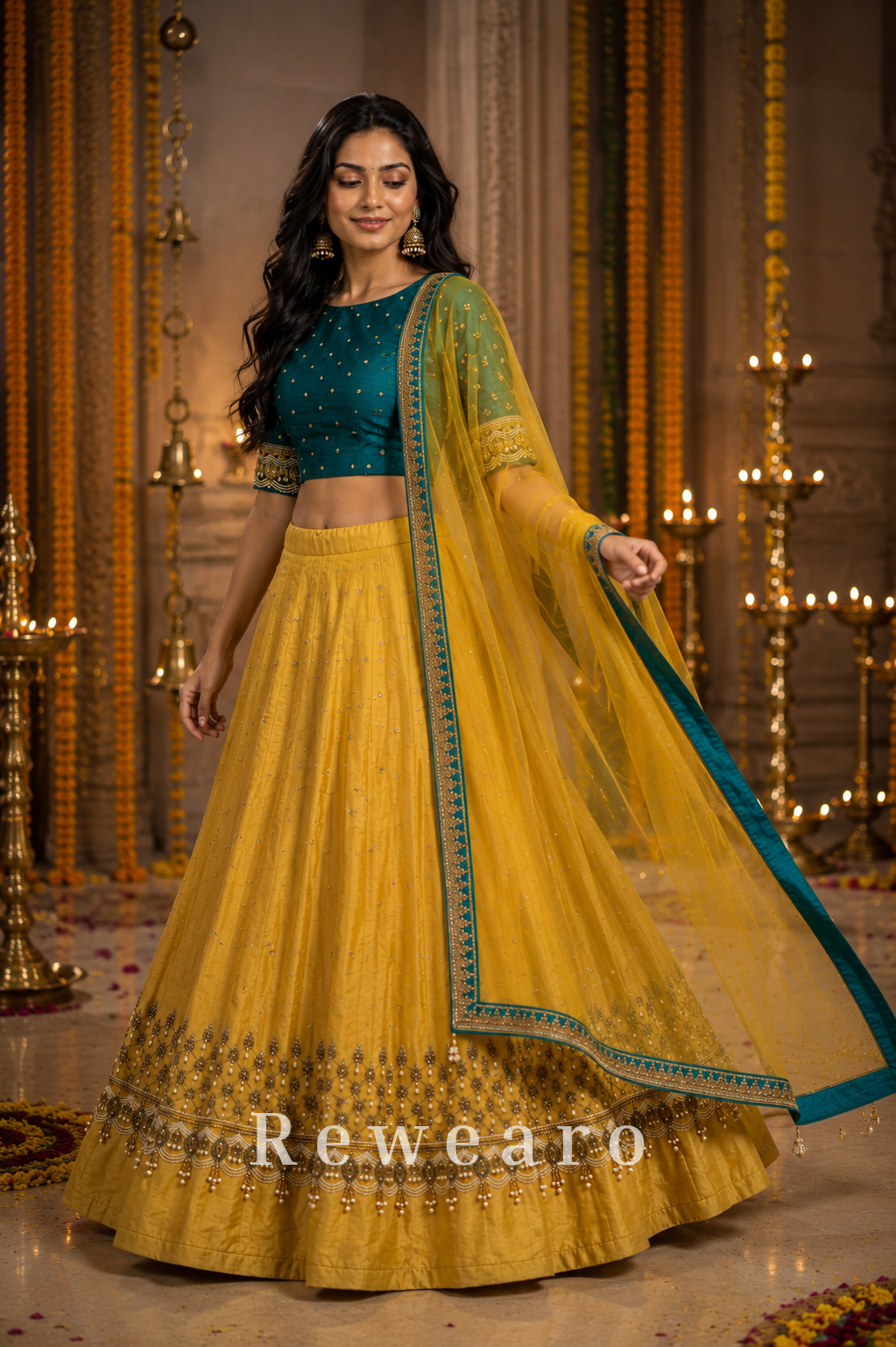 Teal Embroidered Blouse with Mustard Gold Lehenga & Sheer Dupatta