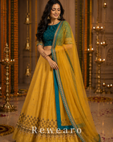 Teal Embroidered Blouse with Mustard Gold Lehenga & Sheer Dupatta