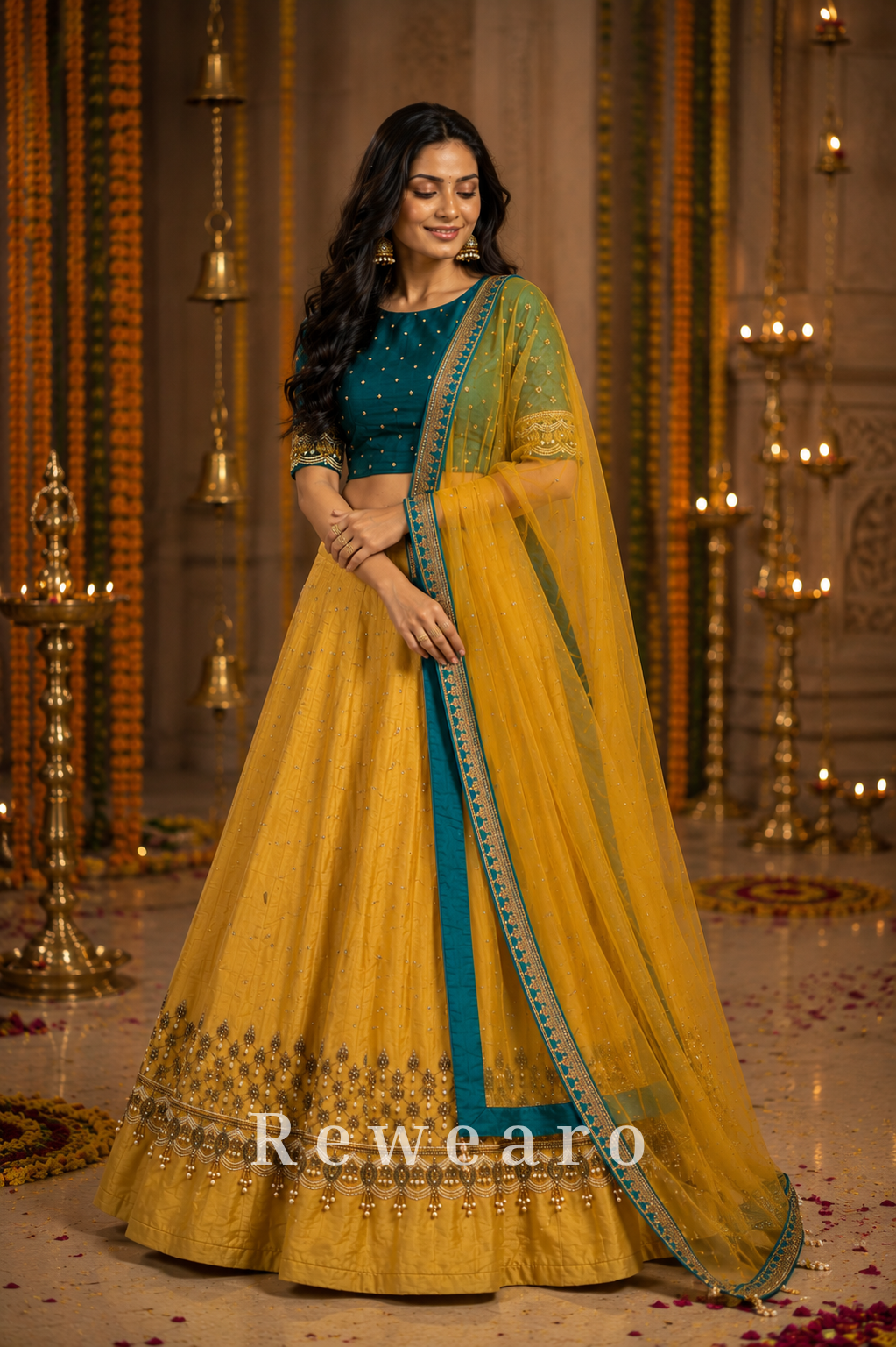 Teal Embroidered Blouse with Mustard Gold Lehenga & Sheer Dupatta