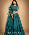 Teal Ruffled Floral Lehenga with Embellished Blouse & Sheer Draped Dupatta