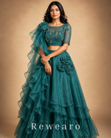 Teal Ruffled Floral Lehenga with Embellished Blouse & Sheer Draped Dupatta