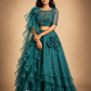 Teal Ruffled Floral Lehenga with Embellished Blouse & Sheer Draped Dupatta