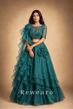Teal Ruffled Floral Lehenga with Embellished Blouse & Sheer Draped Dupatta