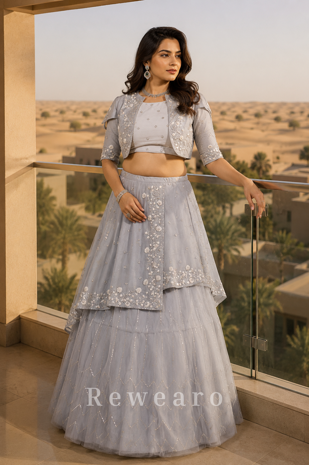 Powder Blue Embroidered Layered Lehenga with Mirrorwork Jacket