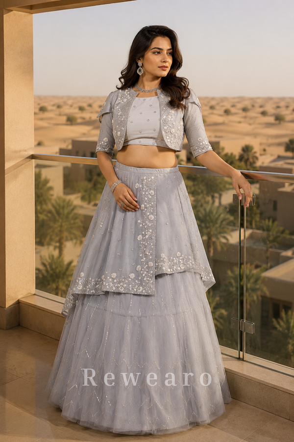 Powder Blue Embroidered Layered Lehenga with Mirrorwork Jacket - View 4