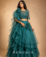 Teal Ruffled Floral Lehenga with Embellished Blouse & Sheer Draped Dupatta