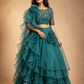 Teal Ruffled Floral Lehenga with Embellished Blouse & Sheer Draped Dupatta