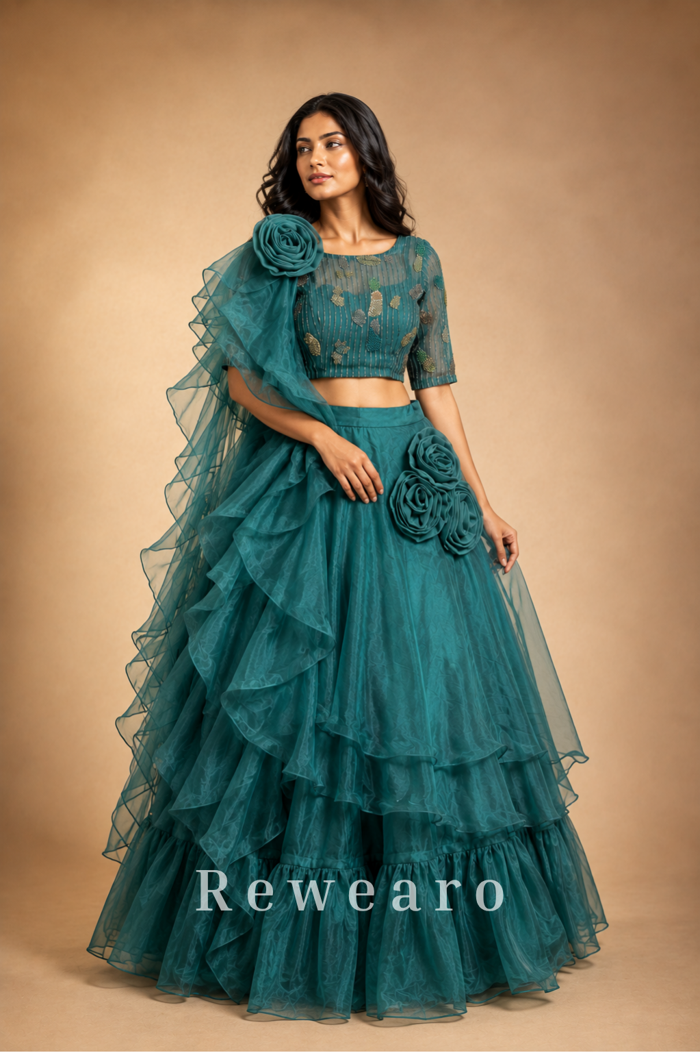 Teal Ruffled Floral Lehenga with Embellished Blouse & Sheer Draped Dupatta