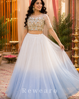 Ivory Frost Ombre Tulle Lehenga Set with Hand-Embroidered Sheer Blouse and Sequined Skirt
