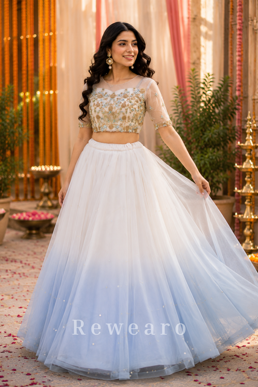 Ivory Frost Ombre Tulle Lehenga Set with Hand-Embroidered Sheer Blouse and Sequined Skirt
