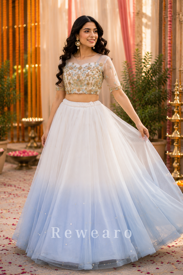 Ivory Frost Ombre Tulle Lehenga Set with Hand-Embroidered Sheer Blouse and Sequined Skirt